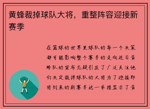 黄蜂裁掉球队大将，重整阵容迎接新赛季
