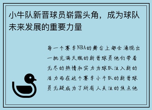 小牛队新晋球员崭露头角，成为球队未来发展的重要力量