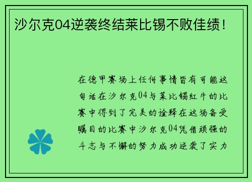 沙尔克04逆袭终结莱比锡不败佳绩！