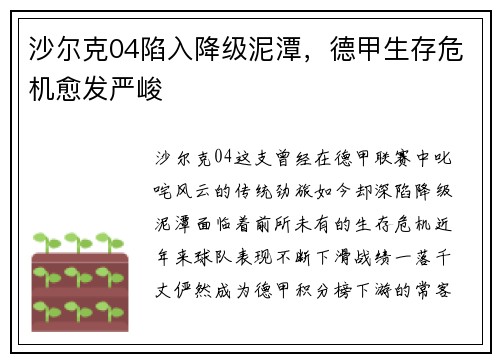 沙尔克04陷入降级泥潭，德甲生存危机愈发严峻