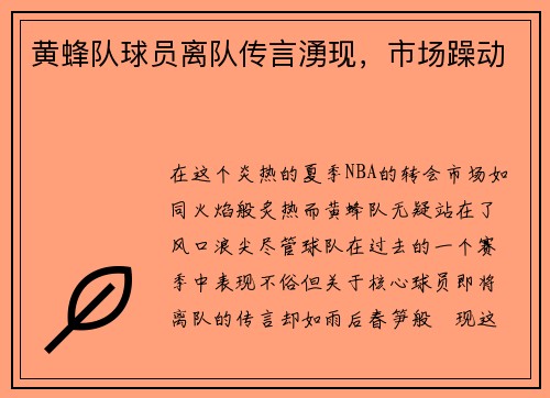 黄蜂队球员离队传言湧现，市场躁动