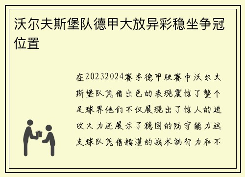 沃尔夫斯堡队德甲大放异彩稳坐争冠位置