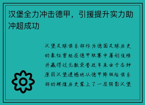 汉堡全力冲击德甲，引援提升实力助冲超成功
