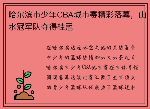 哈尔滨市少年CBA城市赛精彩落幕，山水冠军队夺得桂冠
