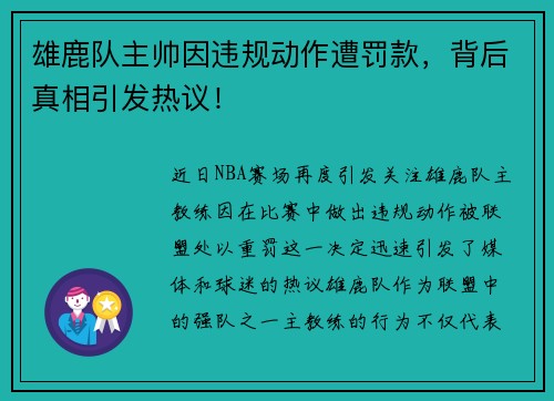 雄鹿队主帅因违规动作遭罚款，背后真相引发热议！