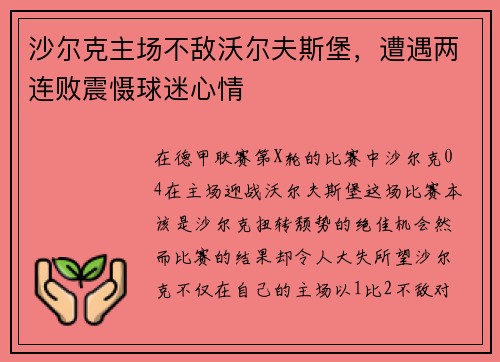 沙尔克主场不敌沃尔夫斯堡，遭遇两连败震慑球迷心情